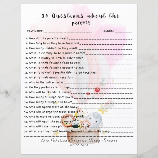  20 Questions about the Parents Baby Shower Game (Front)