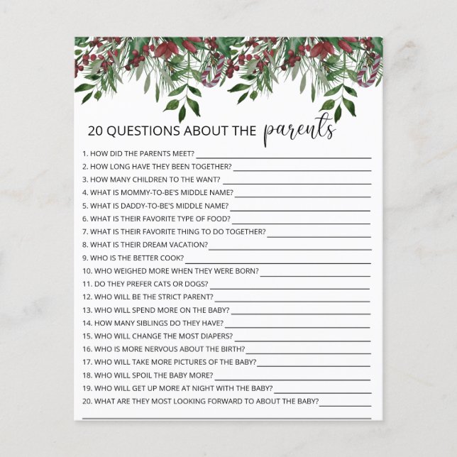 20 Questions about the Parents baby shower game (Front)