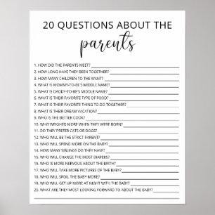 20 Questions about the Parents baby shower game Poster