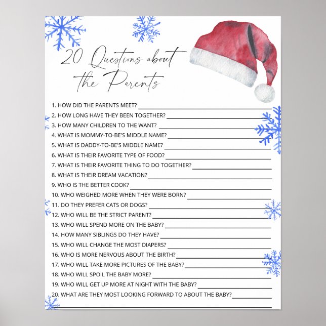 20 Questions about the Parents baby shower game Poster (Front)