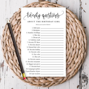 20 Questions Black/White Paper Party Game Card