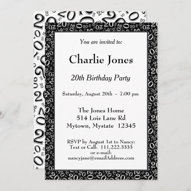 20 - Random Number Pattern Black/White 20th Event Invitation (Front/Back)