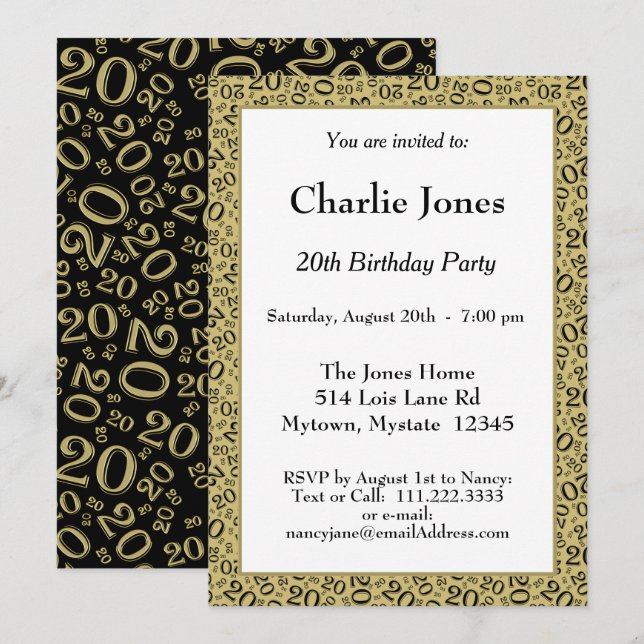 20 - Random Number Pattern Gold/Black 20th Event Invitation (Front/Back)