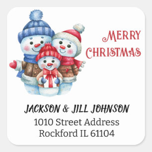 20 Return Address Blue Red Snowman Family Square Sticker