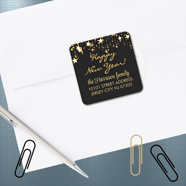 20 Return Address Label, Black & Gold Stars Square Sticker (Creator Uploaded)