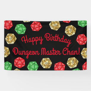 20 Sided Dice DND Game Birthday Green Red Gold Banner