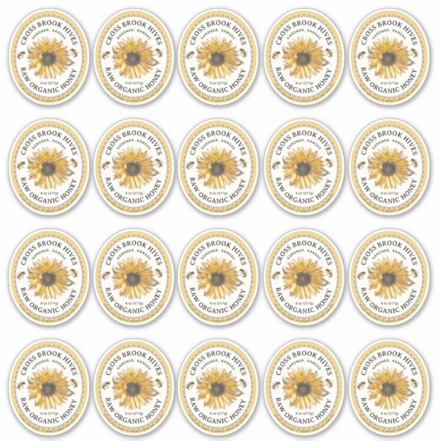 20 Small Jar Oval Sunflower Honey Label with Bee  (Front)