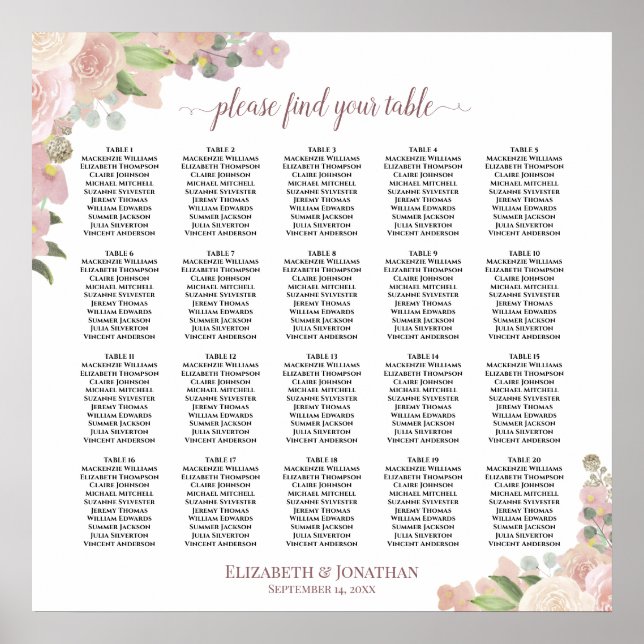 20 Table Dusty Pink Floral Wedding Seating Chart (Front)