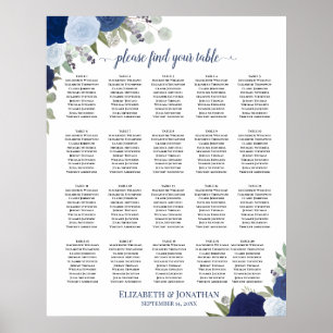 20 Table Elegant Blue Floral Wedding Seating Chart