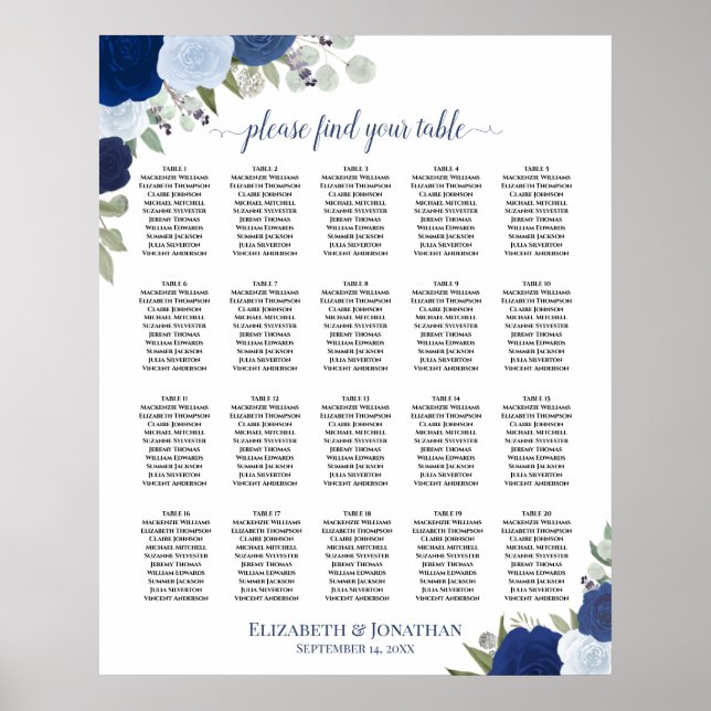 20 Table Elegant Blue Floral Wedding Seating Chart (Front)