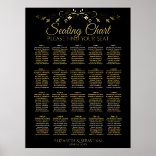 20 Table Elegant Gold Black Wedding Seating Chart