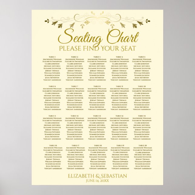 20 Table Elegant Gold Cream Wedding Seating Chart (Front)