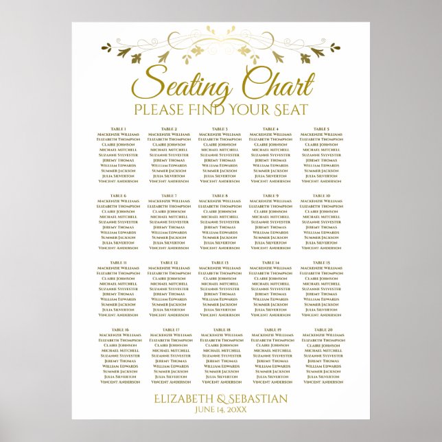20 Table Elegant Gold Wedding Seating Chart (Front)