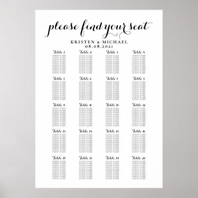 20 Table Large Wedding Guest Seating Chart (Front)
