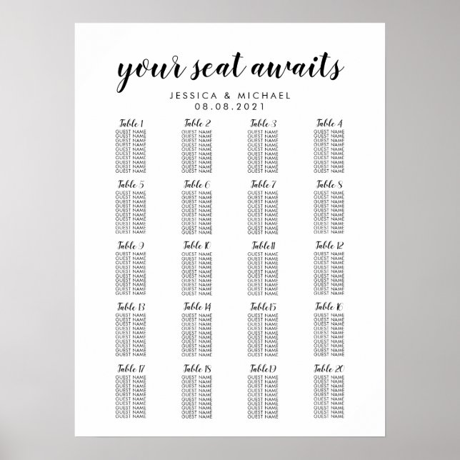 20 Table Large Wedding Guest Seating Chart (Front)