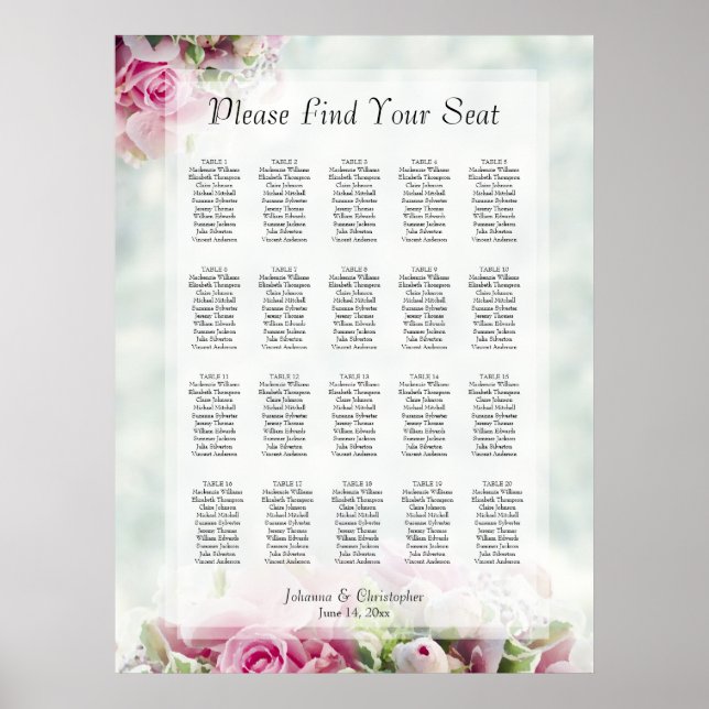 20 Table Pink Roses Wedding Seating Chart (Front)