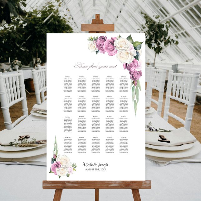20 Table Pink White Rose Floral Seating Chart (Creator Uploaded)