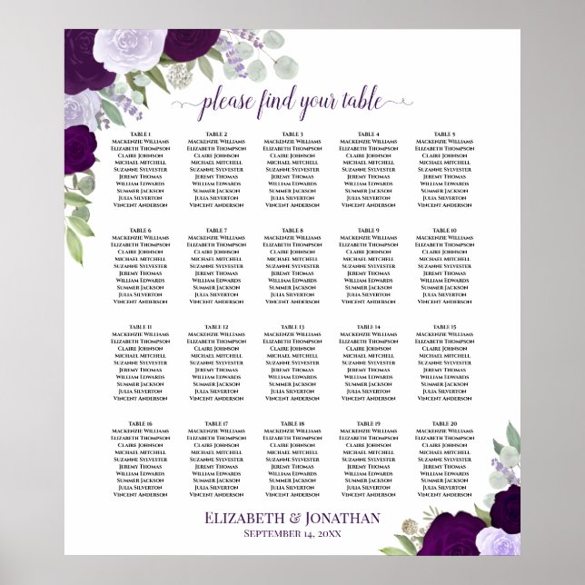 20 Table Purple Boho Floral Wedding Seating Chart (Front)