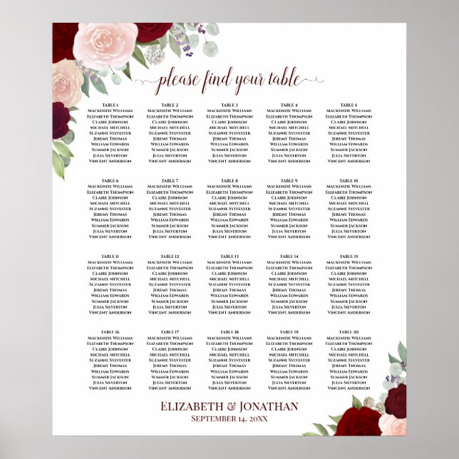 20 Table Red & Pink Floral Wedding Seating Chart (Front)