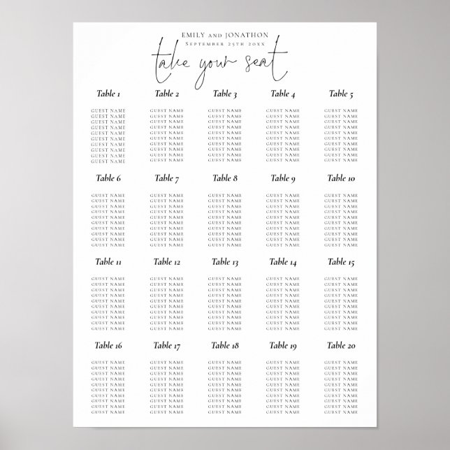 20 Table Script Black and White Seating Chart (Front)