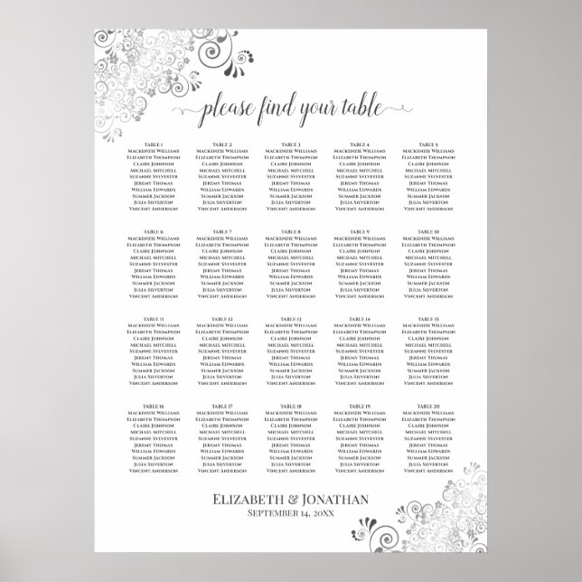 20 Table Silver Frills Wedding Seating Chart White (Front)