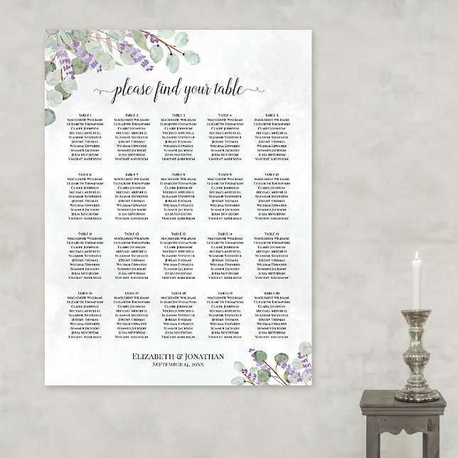 20 Table Wedding Seating Chart Lavender Eucalyptus (In Situ on Wall)
