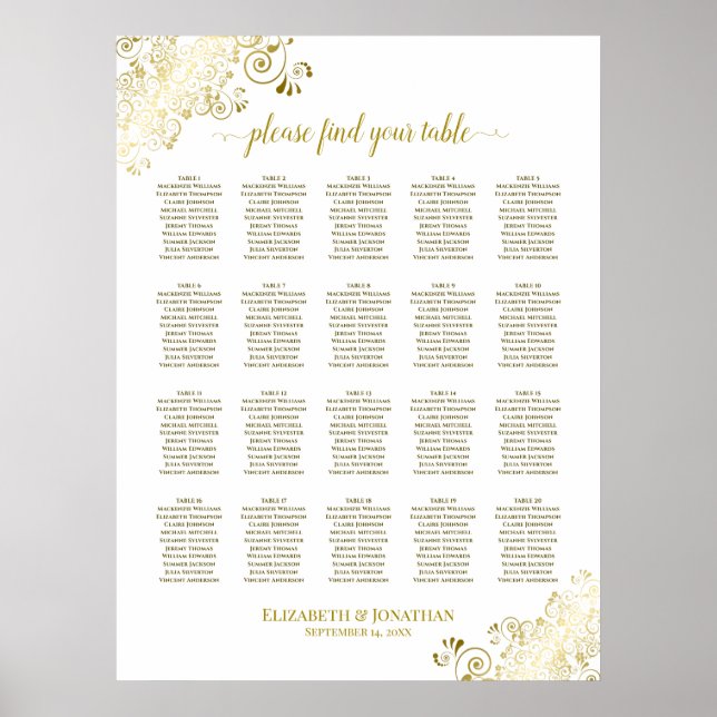 20 Table White & Gold Frills Wedding Seating Chart (Front)