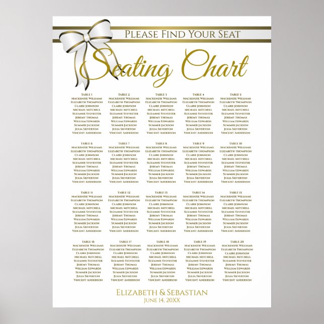 20 Table White & Gold Ribbon Wedding Seating Chart (Front)