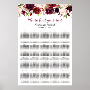 20 Tables Burgundy Floral Wedding Seating Chart
