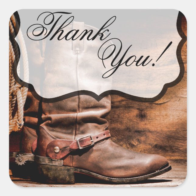 20 Thank You Stickers Cowboy Boots Barn Wood Rusti (Front)