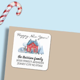 20 Watercolor Christmas Holiday House Address Square Sticker