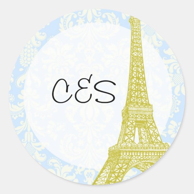 20 Wedding in Paris Blue Damask Favour Stickers (Front)