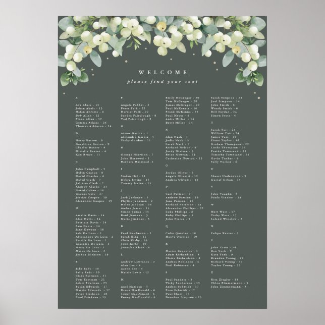 20 x 28" Alphabetical Seating Chart for 150 People (Front)