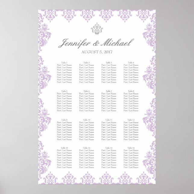 20" x 30" Damask Wedding Seating Chart (16 Tables) (Front)