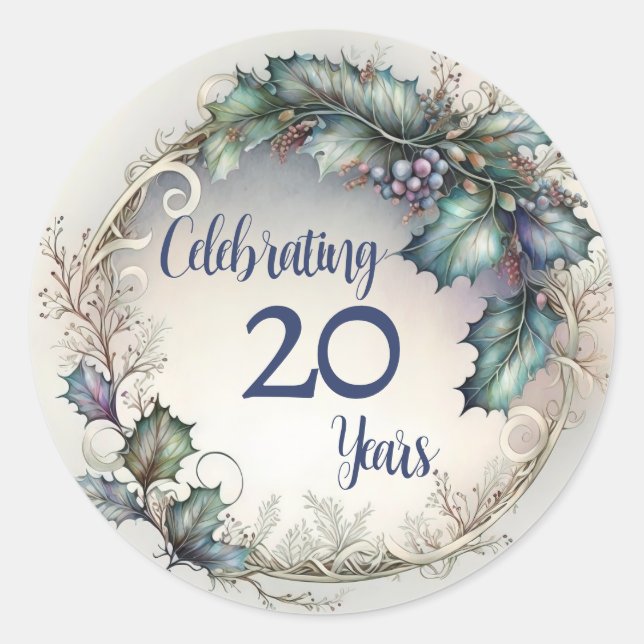 20 Year Anniversary Elegant Greenery Garland  Classic Round Sticker (Front)