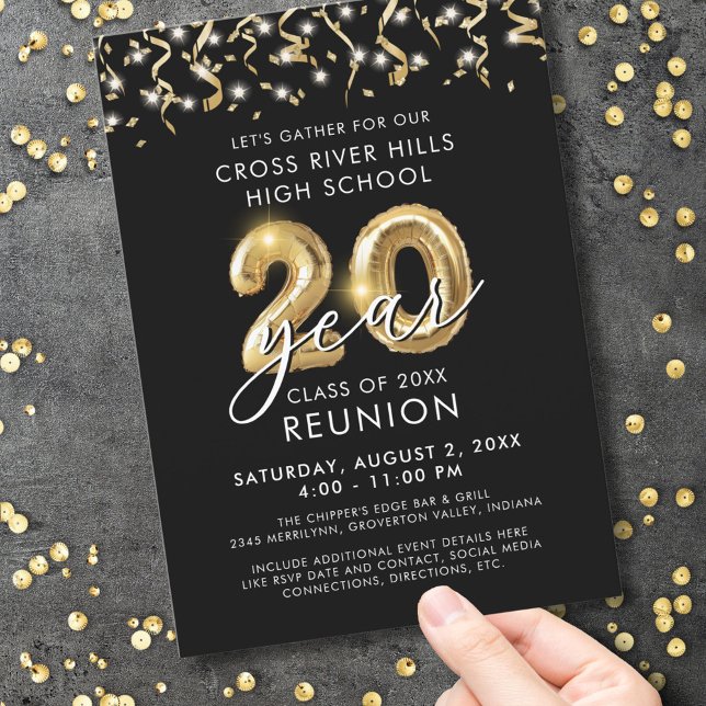 20 Year Class Reunion Black Gold Balloon Streamers Invitation (Creator Uploaded)