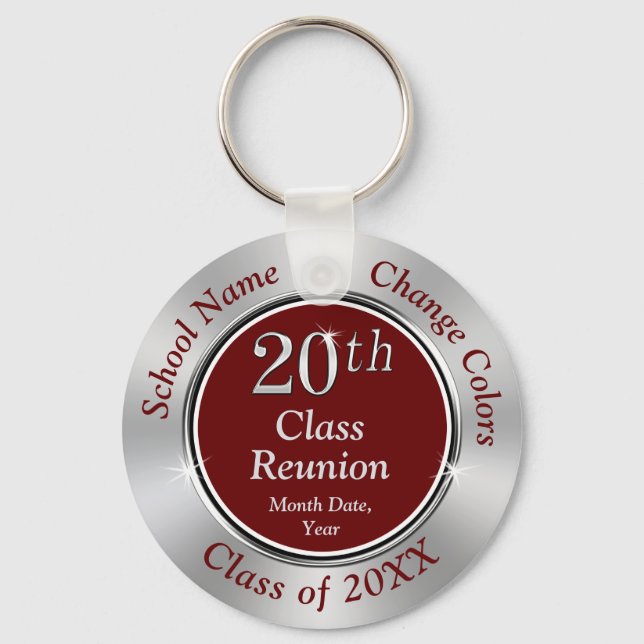 20 Year Class Reunion Gift Favors Burgundy, Silver Key Ring (Front)
