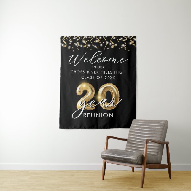 20 Year Class Reunion Welcome Black Gold Balloons Tapestry (In Situ)