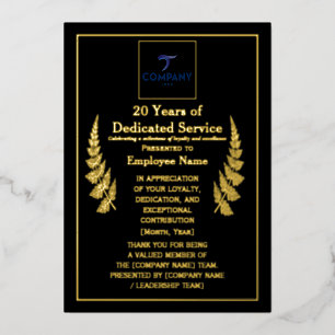 20 Years of Dedicated Service Award Custom Foil Foil Holiday Card