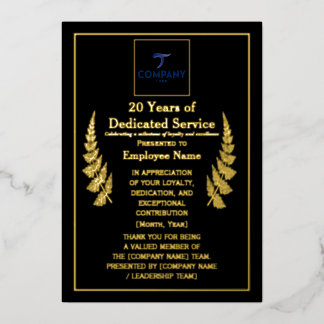 20 Years of Dedicated Service Award Custom Foil  Foil Holiday Card