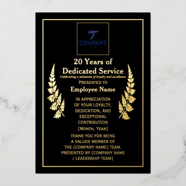 20 Years of Dedicated Service Award Custom Foil  Foil Holiday Card (Front)