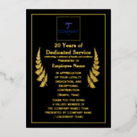 20 Years of Dedicated Service Award Custom Foil 
