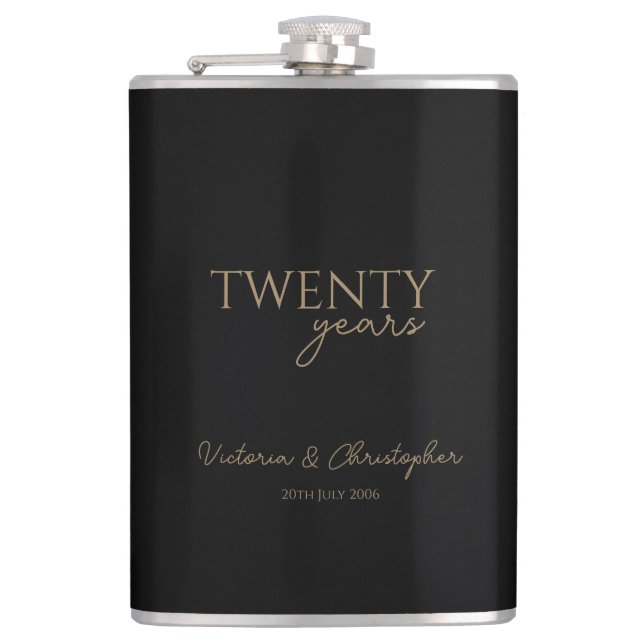 20 Years Wedding Anniversary gold writing Hip Flask (Front)