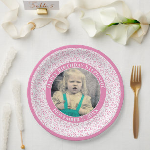 20 Your Photo Random Number Pattern Pink/White Paper Plate