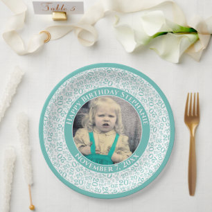 20 Your Photo Random Number Pattern Teal/White Paper Plate