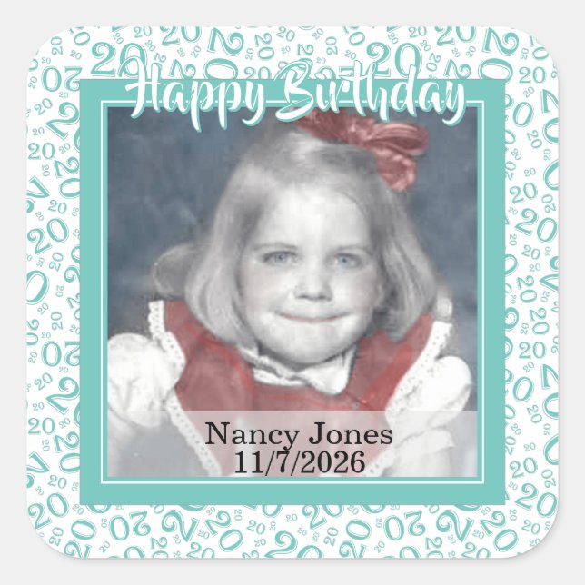 20 Your Photo Random Number Pattern Teal/White Square Sticker (Front)