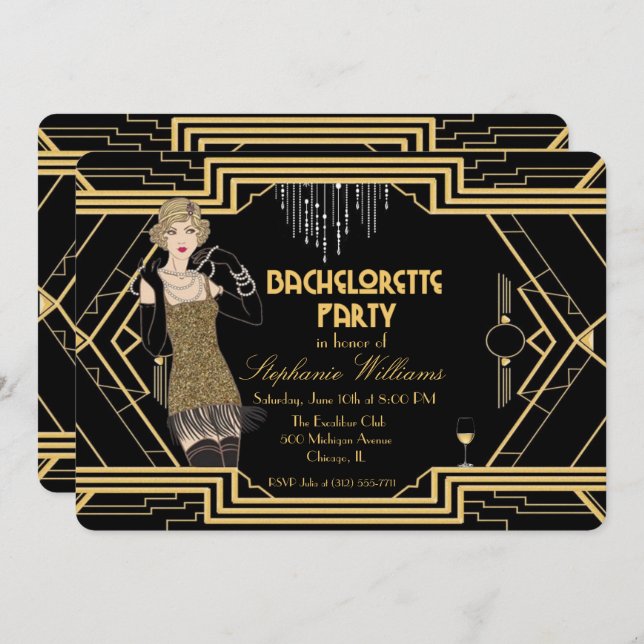 20s flapper art deco bachelorette party invitation (Front/Back)
