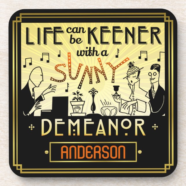 20s Retro Art Deco Sunny Demeanour Custom Name Coaster (Front)