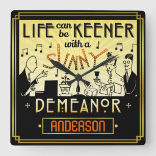 20s Retro Art Deco Sunny Demeanour Custom Name Square Wall Clock