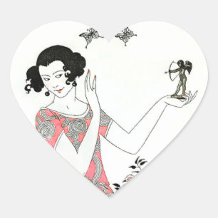 20s Vintage Fashion Illustration Cupid & Woman Heart Sticker